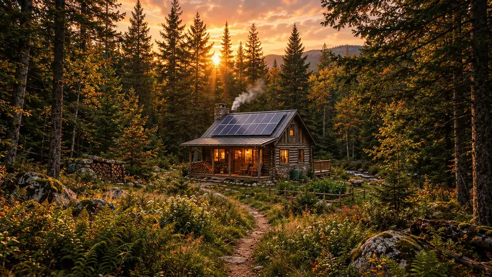 Log cabin with a solar roof in a pine forest at sunset