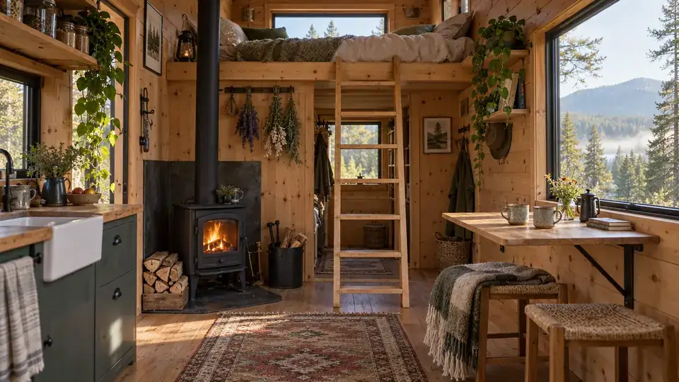 Cosy tiny house interior with a wood stove