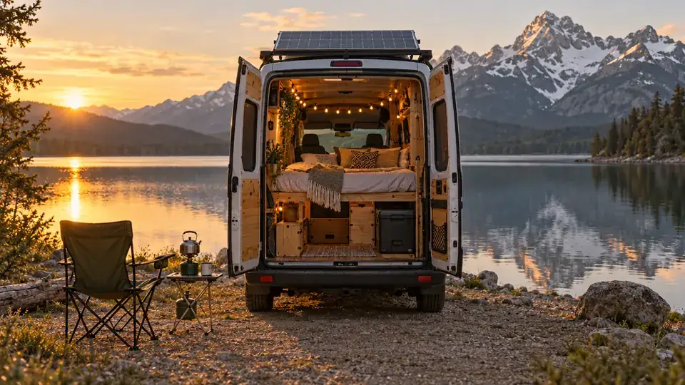 Camper van parked by a lake